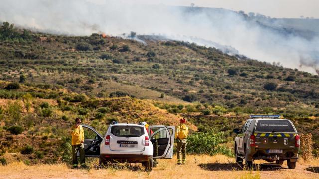 Varios bomberos trabajan contra el incendio provocado en Chiloeches, a 19 de julio de 2022
