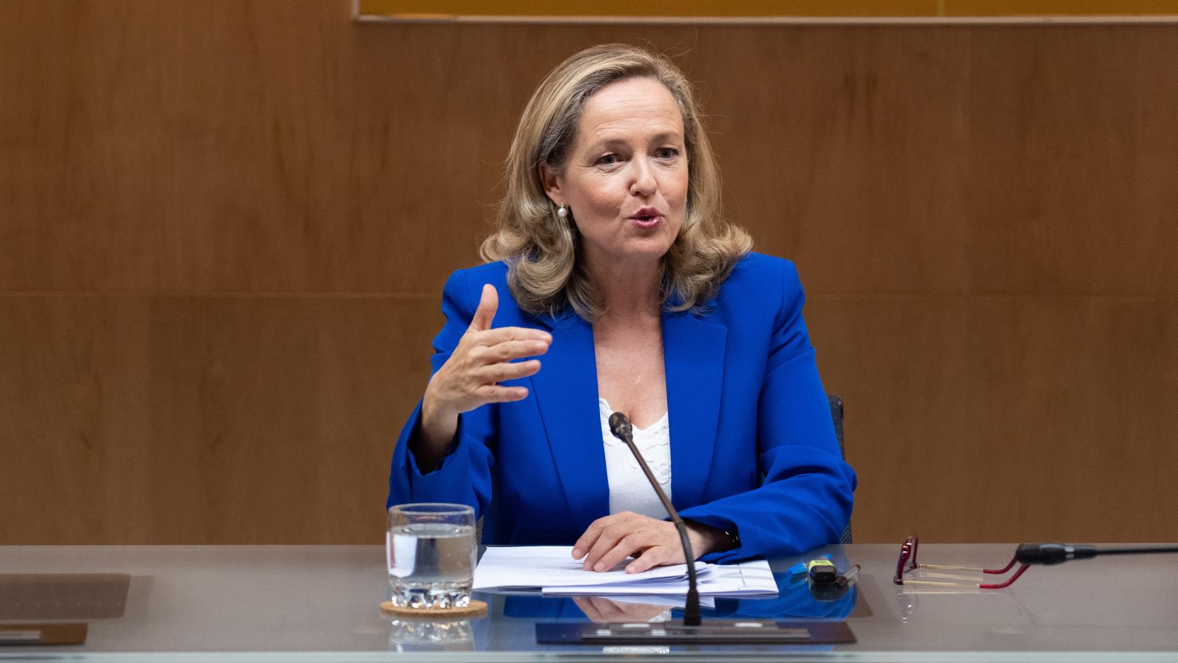 Nadia Calviño, vicepresidenta primera del Gobierno y ministra de Economía, durante la reunión con la banca.
