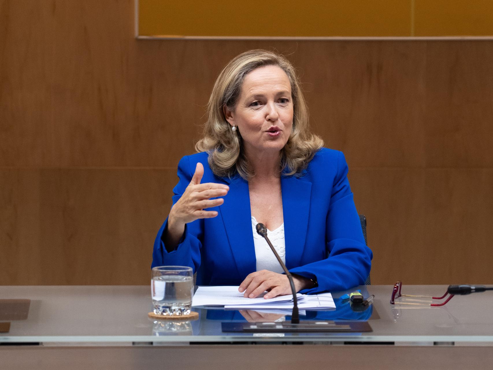 Nadia Calviño, vicepresidenta primera del Gobierno y ministra de Economía, durante la reunión con la banca.