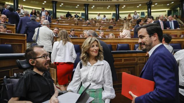 Pablo Echenique, Yolanda Díaz y Alberto Garzón en el Congreso de los Diputados.