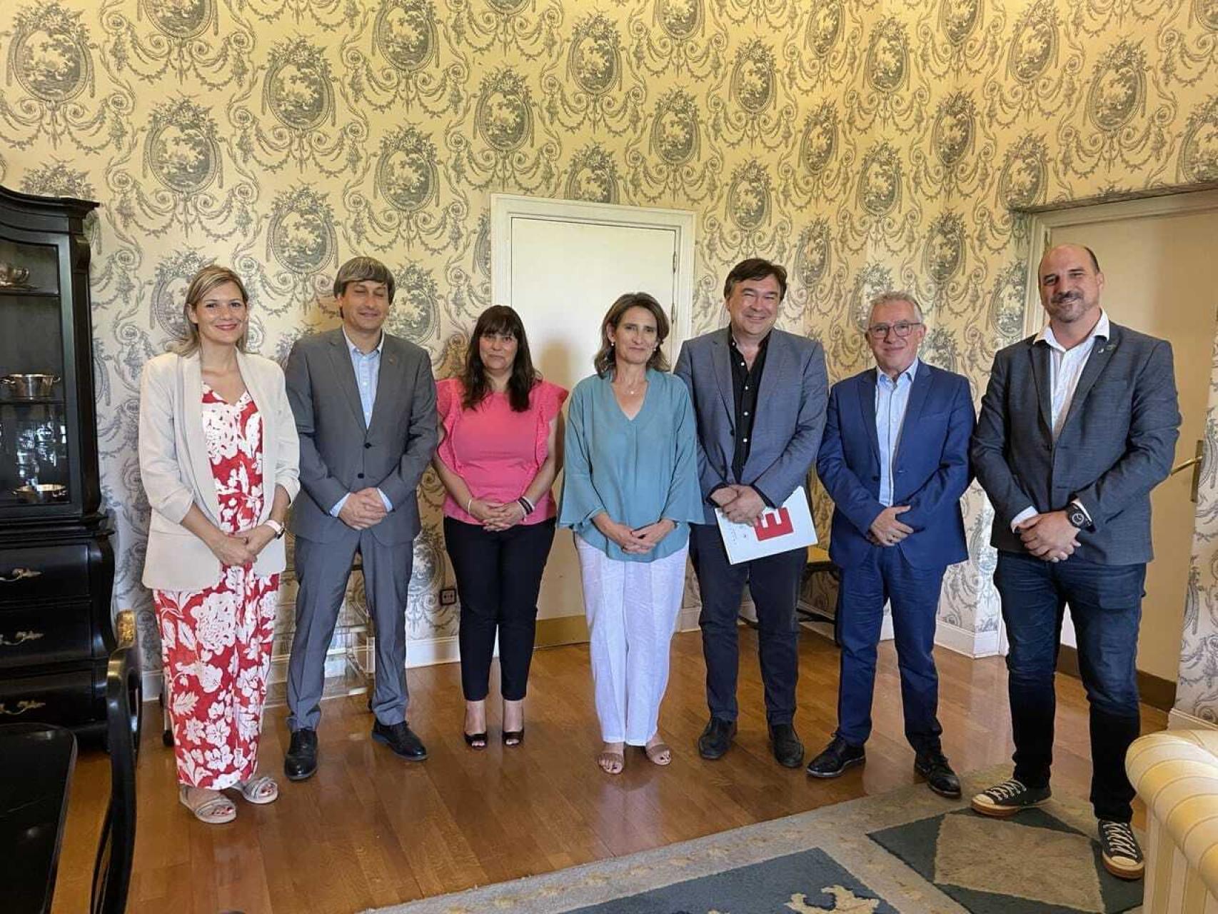 Los representantes de Soria Ya y Teruel Existe durante su reunión con la vicepresidenta tercera, Teresa Ribera, este miércoles.