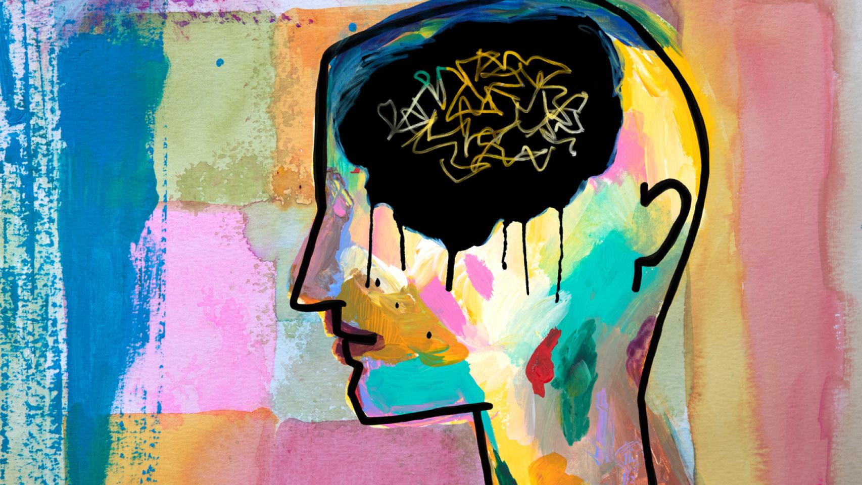 Cuadro de una cabeza de persona con patrón de pensamiento caótico, depresión y tristeza.