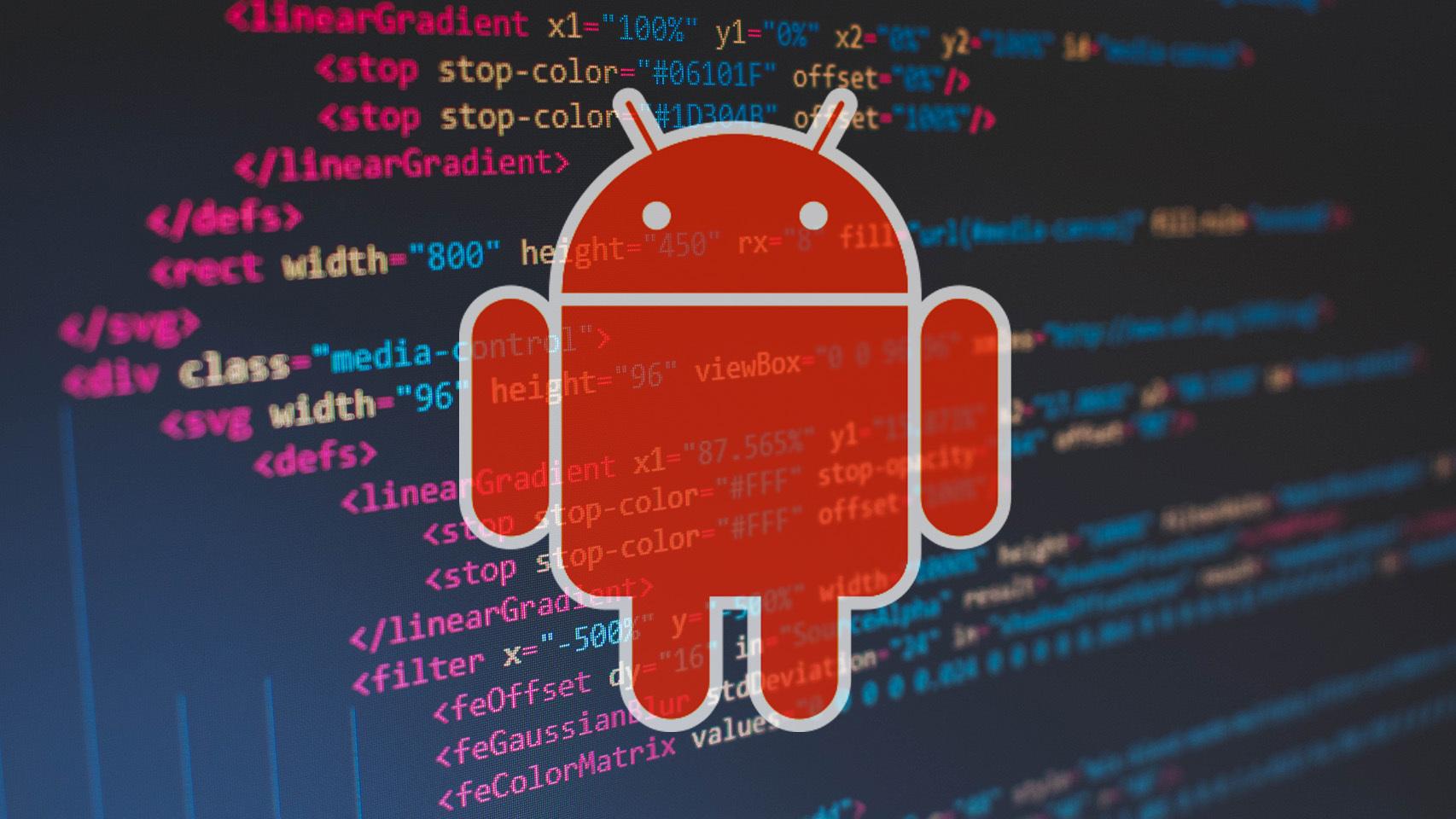 Fotomontaje con el logo de Android y código en la parte interior.