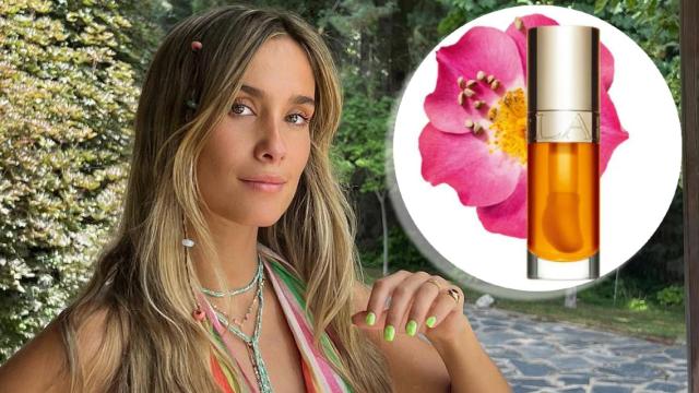 María Pombo y el nuevo aceite de Clarins en un montaje de JALEOS.