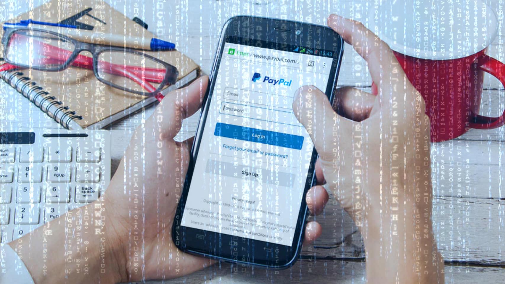 Fotomontaje con PayPal y glifos de código.