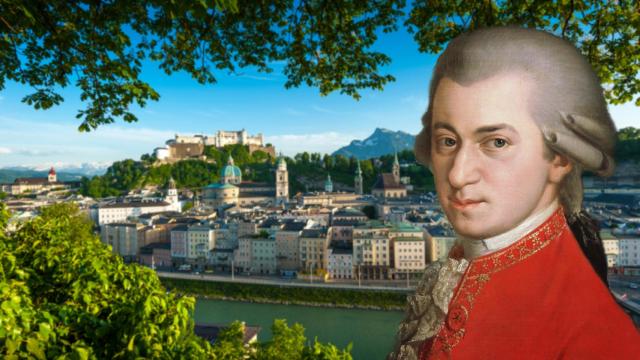 Retrato póstumo de Wolfgang Amadeus Mozart, pintado por Barbara Krafft en 1819. Al fondo, vista de Salzburgo. Foto: TSG/Breitegger