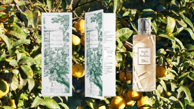 Edición limitada de la fragancia Escale à Portofino sobre un fondo de cítricos