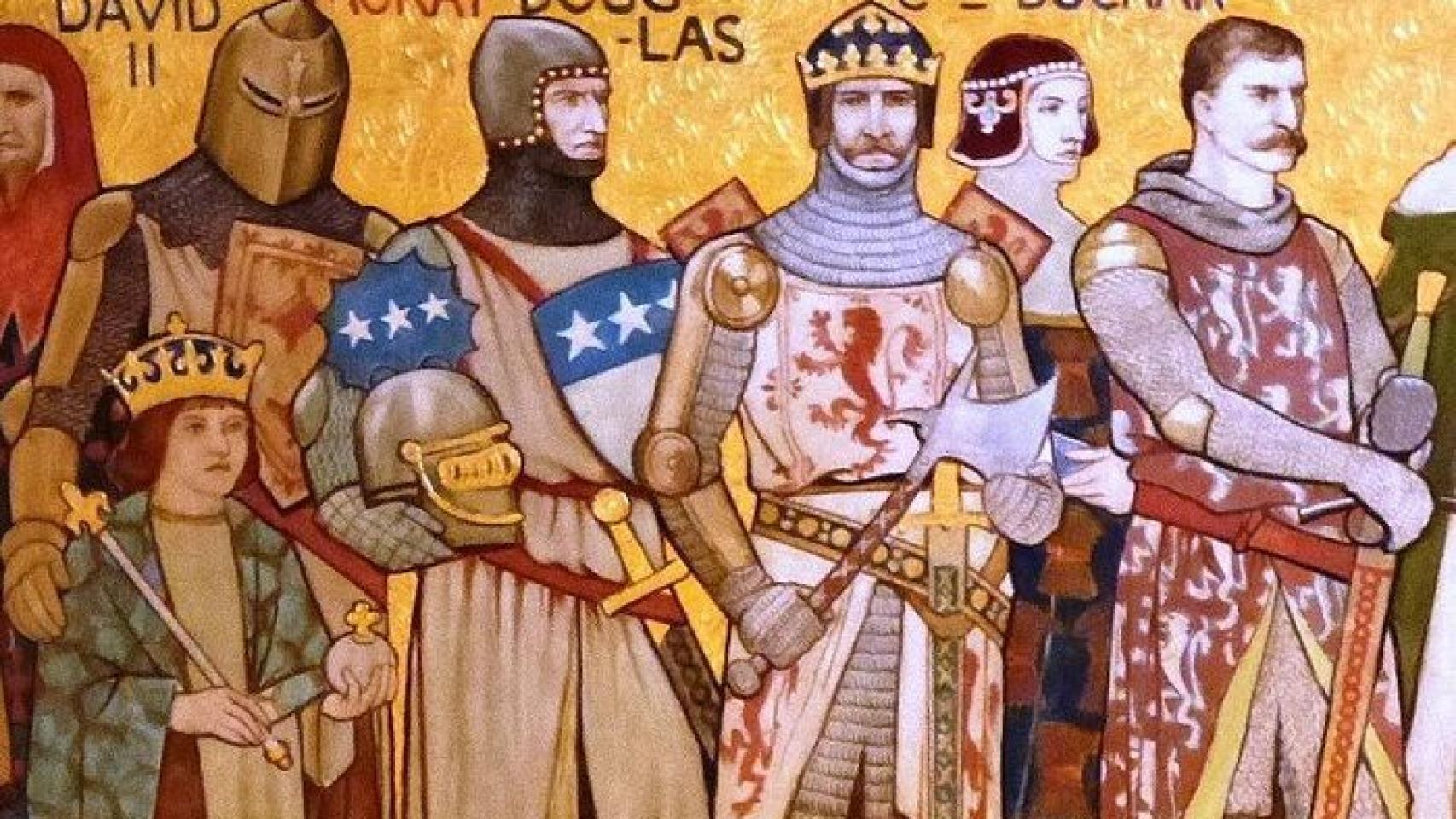 Representación de Douglas, el tercero desde la izquierda, y otros líderes de las Guerras de Independencia de Escocia.