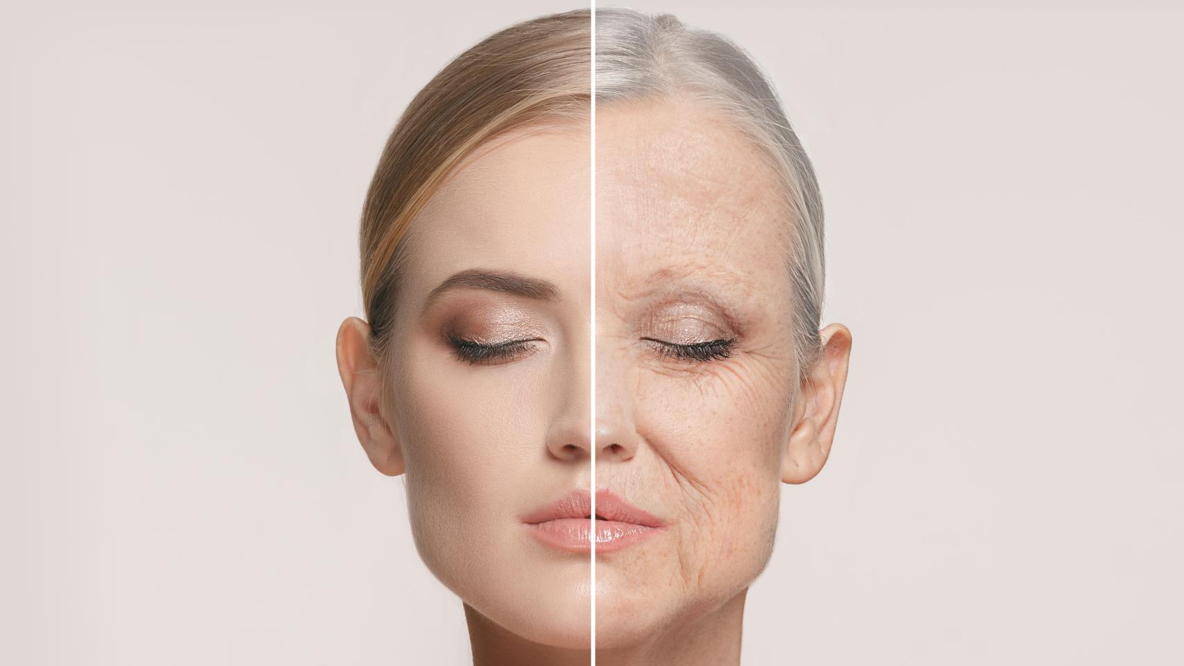 El rostro de una mujer dividido en el que se puede observar el efecto del paso del tiempo.