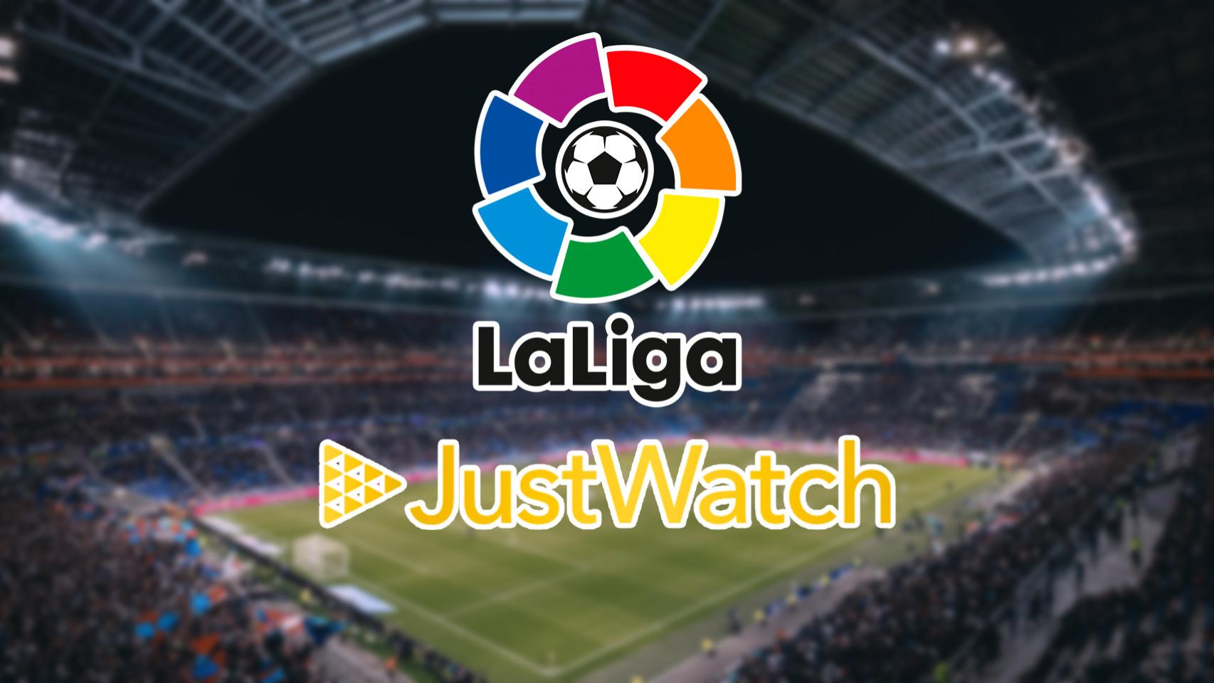 Fotomontaje con un estadio y los logos de LaLiga y JustWatch.