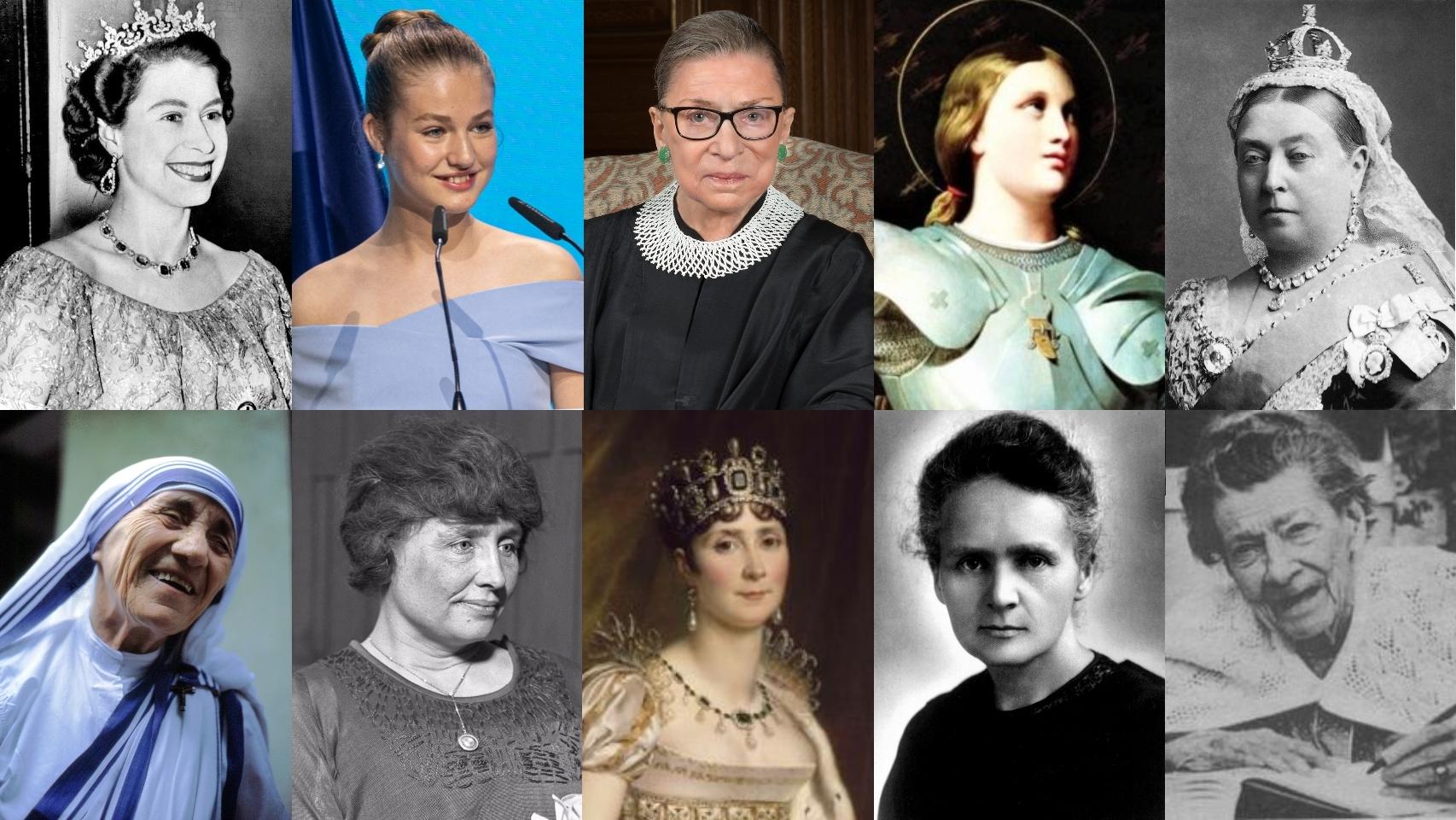 De arriba a abajo y de izquierda a derecha: Isabel II, Leonor, Ruth Bader Ginsburg, Juana de Arco, Juana de Arco, la Reina Victoria, Teresa de Calcuta, Helen Keller, Josephine de Beauhaurnais, Marie Curie y Helen Hooven.