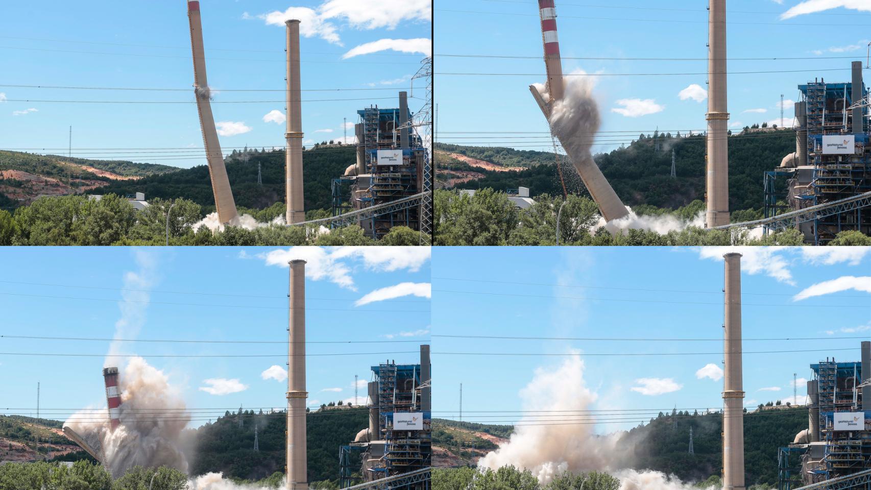 Naturgy derriba una de las dos chimeneas de salida de humos de la central térmica de La Robla.