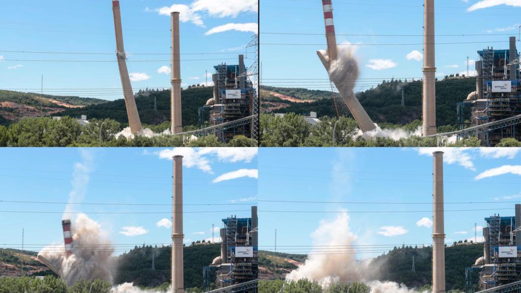 Naturgy derriba una de las dos chimeneas de salida de humos de la central térmica de La Robla.