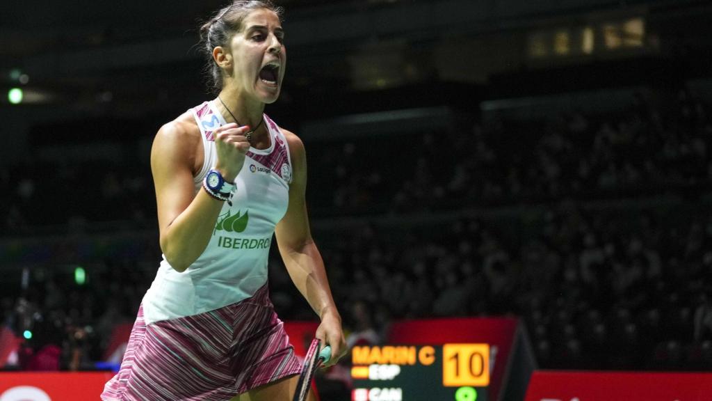 Carolina Marín, celebrando una victoria en el Mundial de Tokio 2022