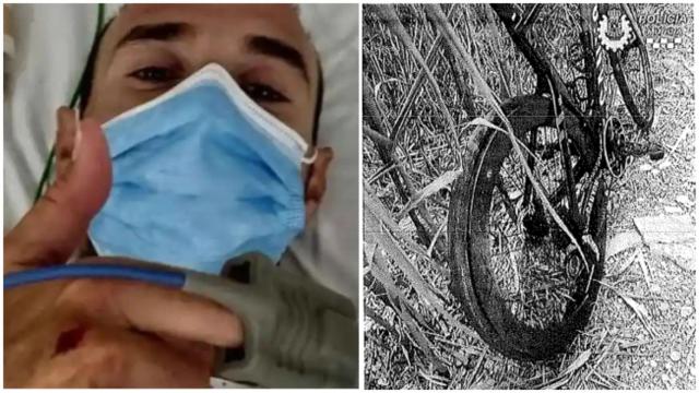 Alejando Valverde, hospitalizado el 2 de julio, tras ser atropellado por un guardia civil retirado, junto a una imagen de su bicicleta que figura en el atestado de la Policía Local de Murcia.