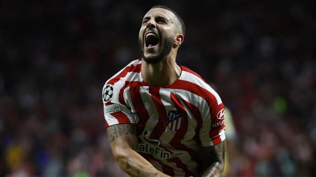 Mario Hermoso, celebrando un gol con el Atlético de Madrid en la temporada 2022/2023