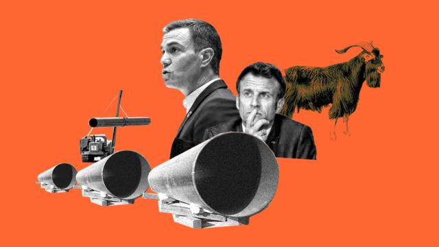 Pedro Sánchez y Emmanuel Macron, enfrentados por el gasoducto MidCat a través de los Pirineos, simbolizado por su cabra pirenaica.