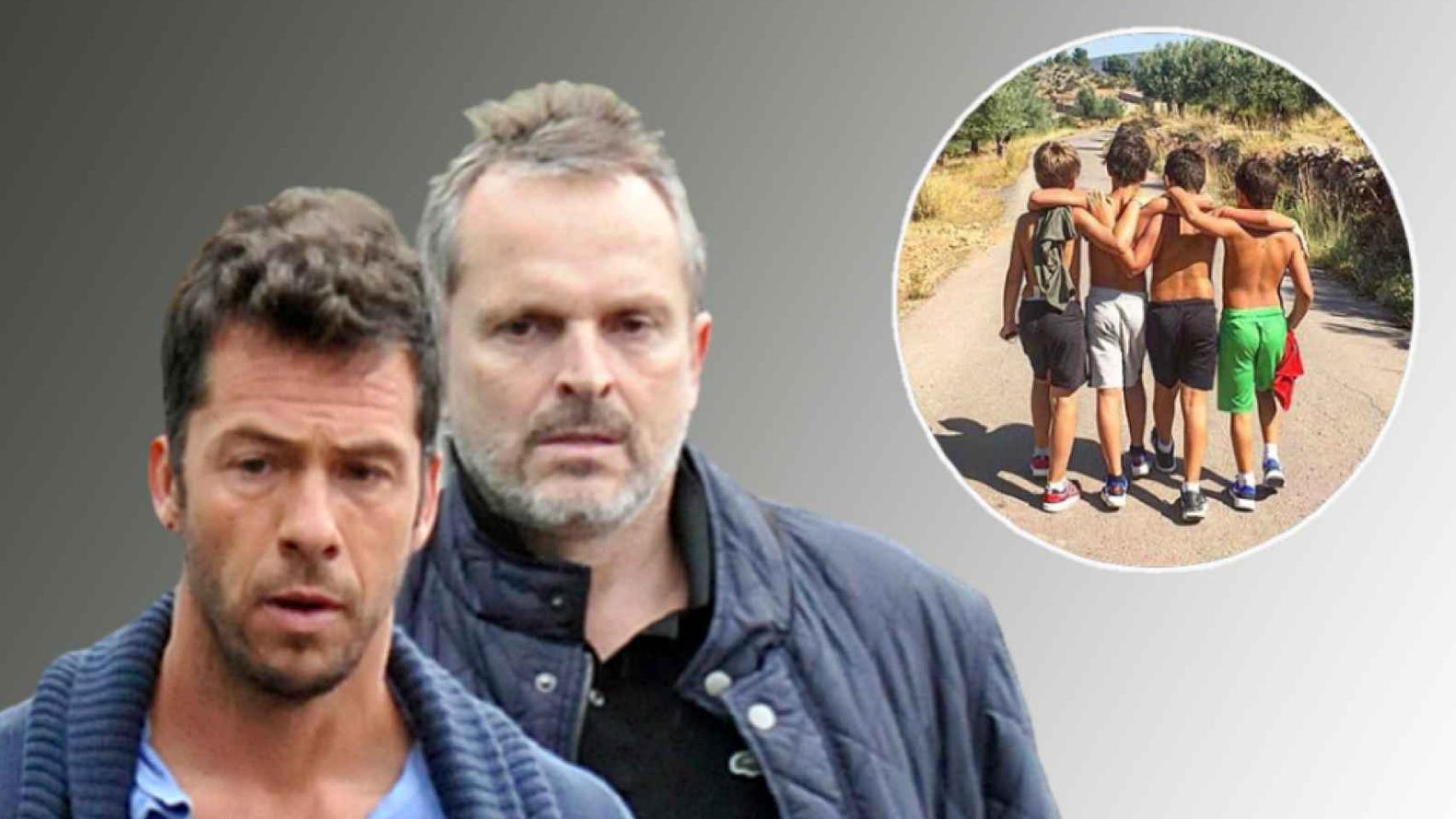 Nacho Palau y Miguel Bosé en un montaje de EL ESPAÑOL, de cuando aún eran pareja sentimental, junto a sus cuatro hijos.