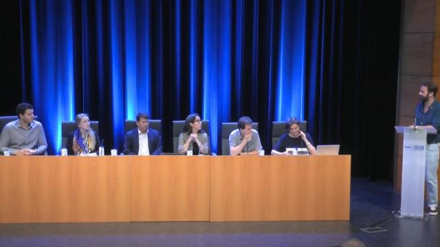 De izquierda a derecha: Jose Carlos Pulido, CEO de Inrobics; Becca Latter, project manager del Observatorio Social de la Fundación ‘la Caixa’;  Juan Lluch, director de BTESA ;  Helena Soleto, investigadora del grupo Negociación, Mediación y Resolución de Conflictos de la UC3M;  Jorge Martínez, investigador del grupo Tecnologías Apropiadas para el Desarrollo Sostenible de la UC3M; y  Belén Ruiz, investigadora del grupo Human Language and Accessibility Technologies (HULAT) de la UC3M.