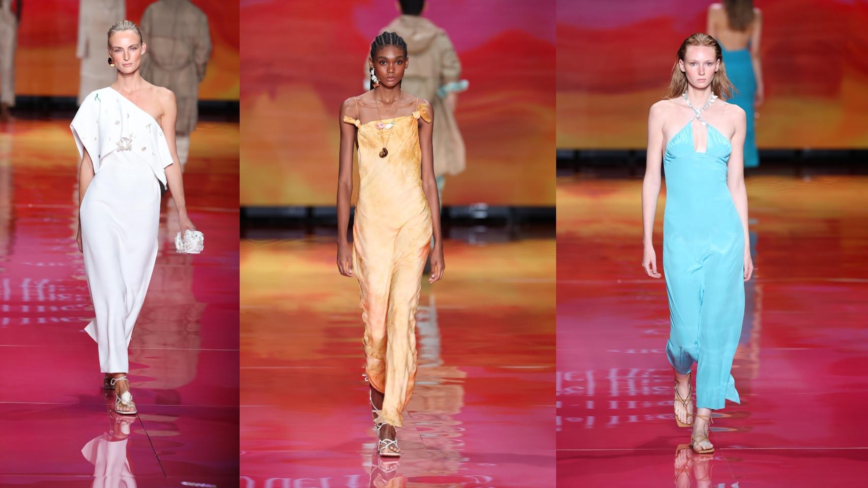 Tres modelos en el desfile de Pedro del Hierro durante la Mercedes-Benz Fashion Week.