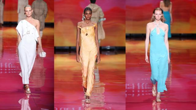 Tres modelos en el desfile de Pedro del Hierro durante la Mercedes-Benz Fashion Week.