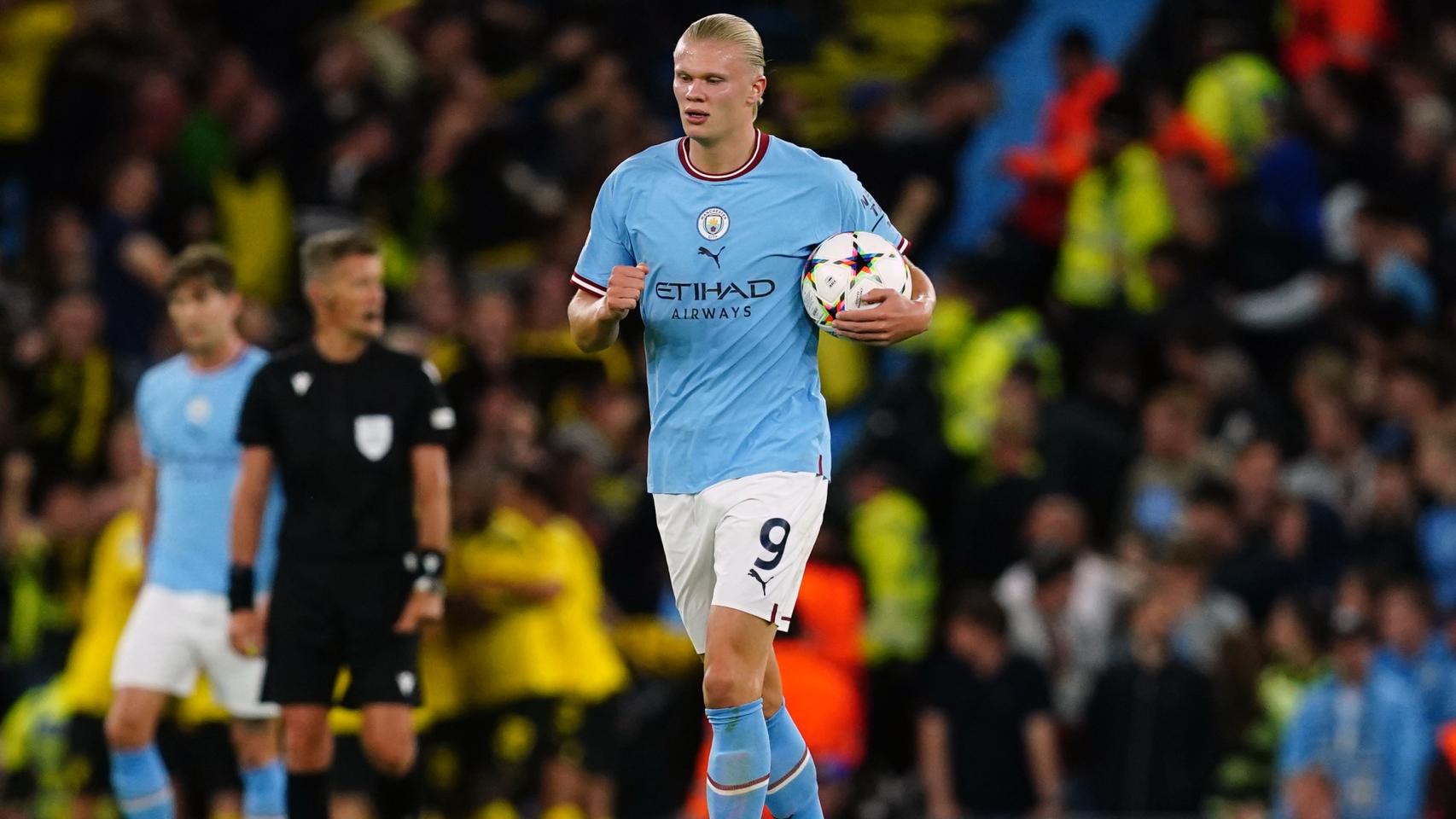 Erling Haaland tras marcar un gol en Champions