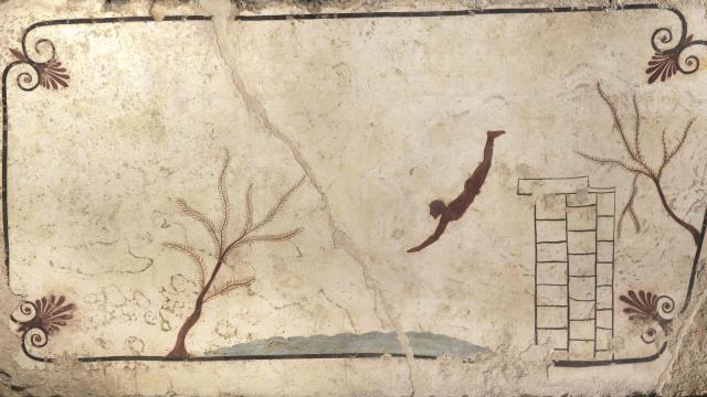 Efebo lanzándose de cabeza al mar. Tumba del nadador, Paestum. Hacia 480 a.C.