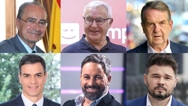 De izqda. a dcha. y de arriba abajo: Francisco de la Torre, Joan Ribó, Abel Caballero, Pedro Sánchez, Santiago Abascal y Gabriel Rufián.