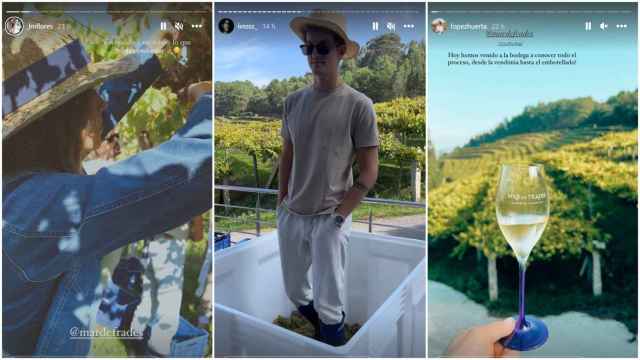 Laura Matamoros, Iván Martín y Álvaro López Huerta en una bodega de las Rías Baixas.