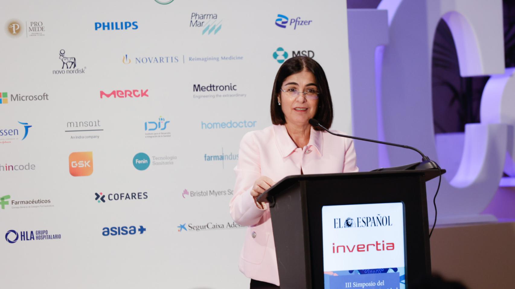 Carolina Darias, ministra de Sanidad, en la apertura del III Simposio del Observatorio de la Sanidad.