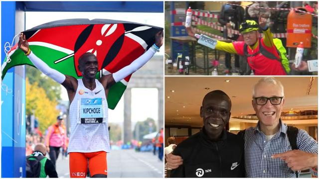Eliud Kipchoge y su aguador en el Maratón de Berlín 2022