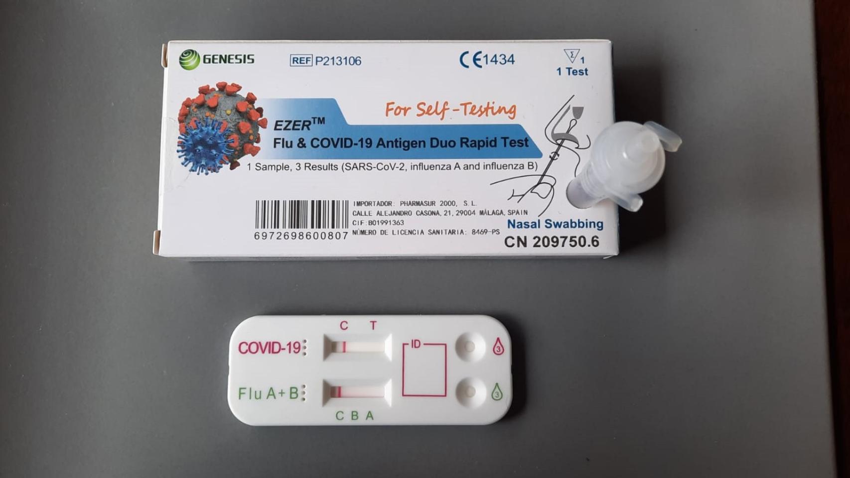 Test de detección de Covid-19 y gripe y la tabla con doble resultado negativo.
