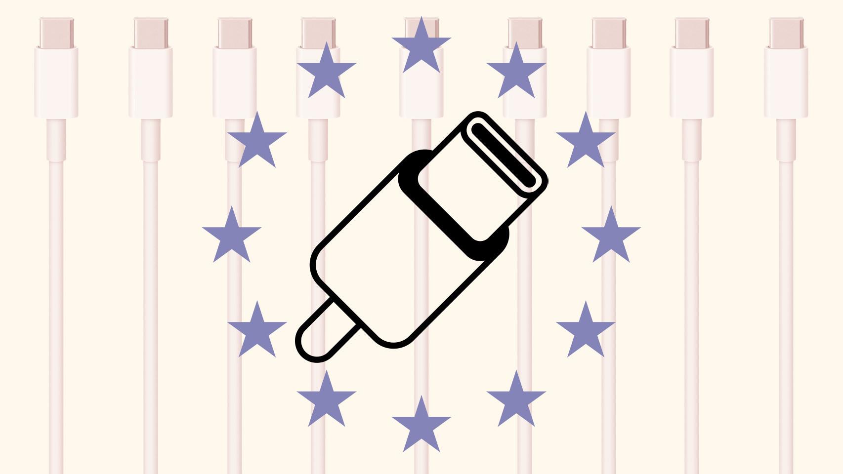 Fotomontaje con el logo del USB-C y la bandera de la UE.