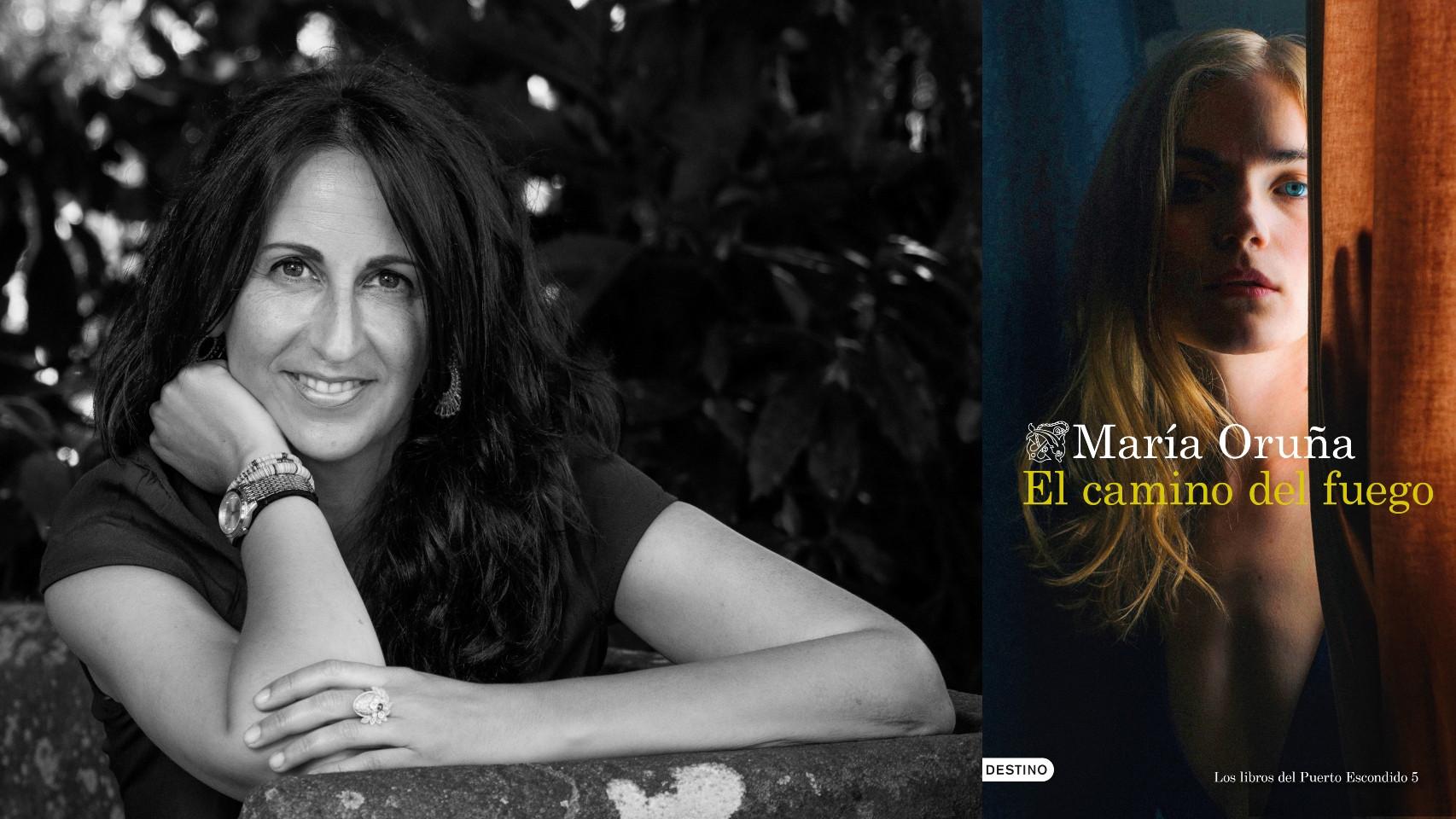 La escritora María Oruña y la portada de su último libro.