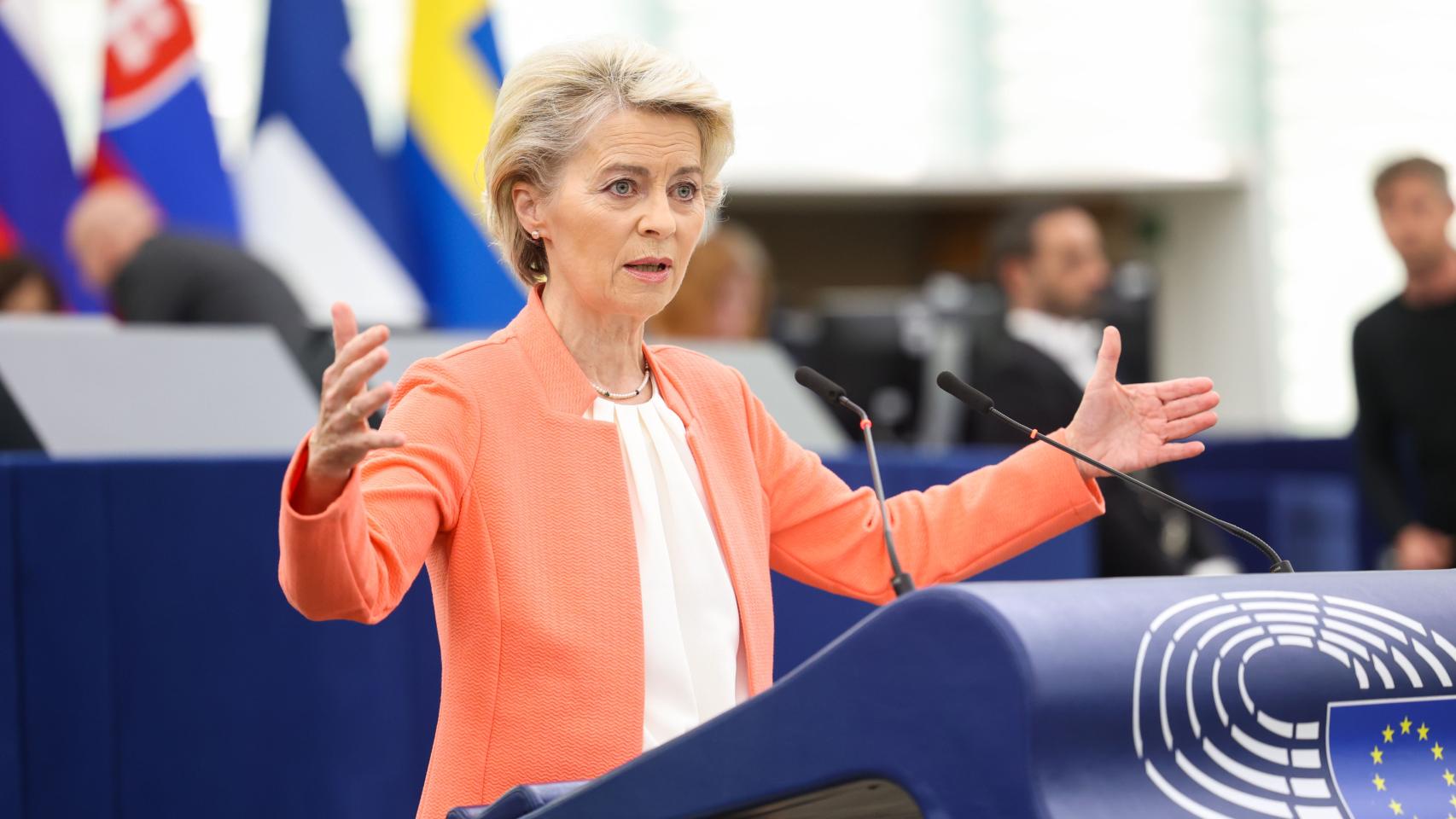 La presidenta Ursula von der Leyen, durante su discurso este miércoles en la Eurocámara