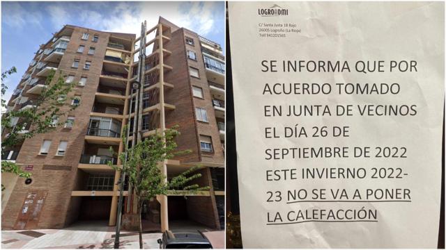 A la izquierda, el bloque de vecinos que no encenderá la calefacción. A la derecha, el cartel que anuncia la medida.