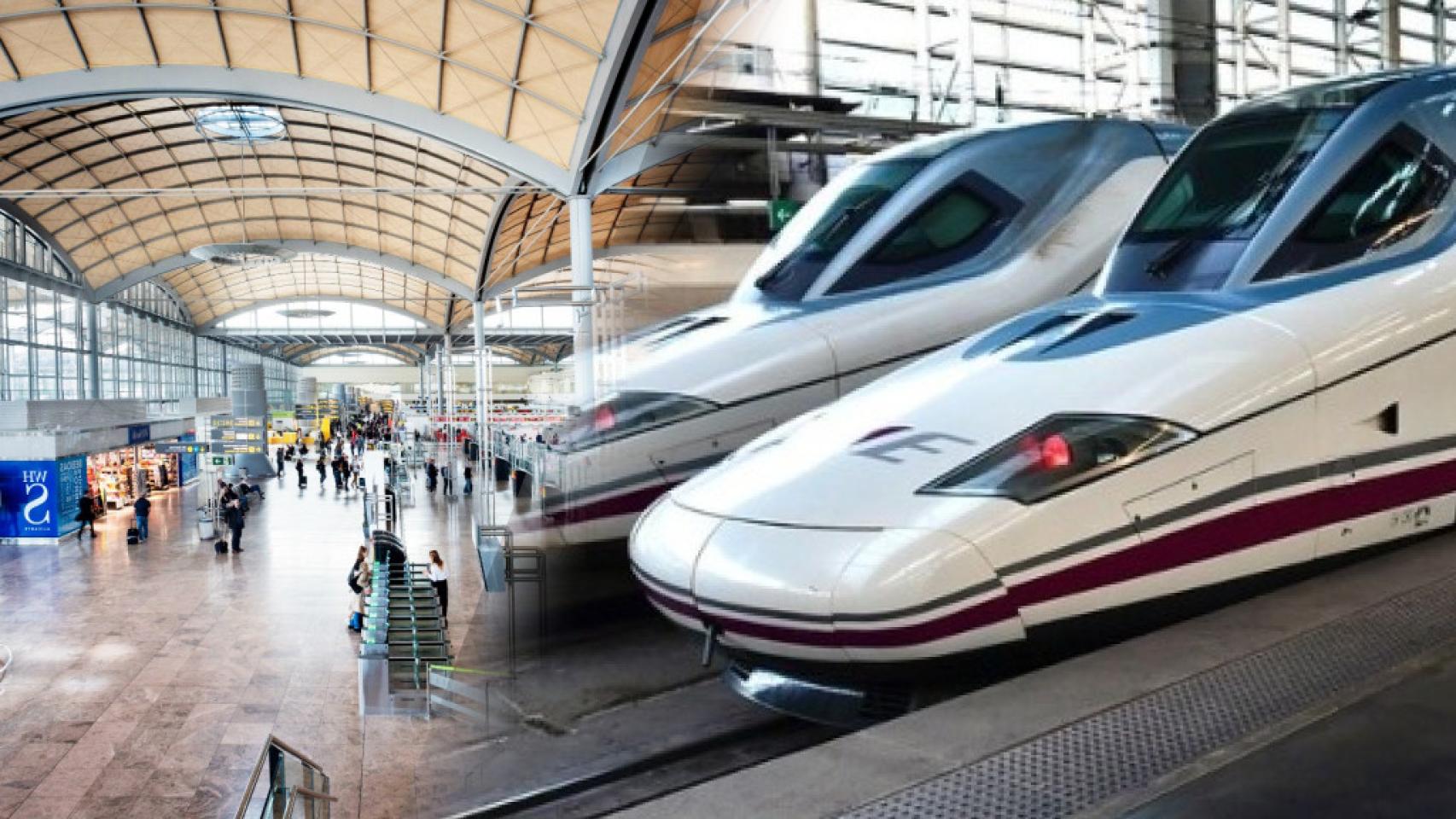 La nueva terminal del aeropuerto de Alicante-Elche y dos trenes AVE, en imagen de archivo.