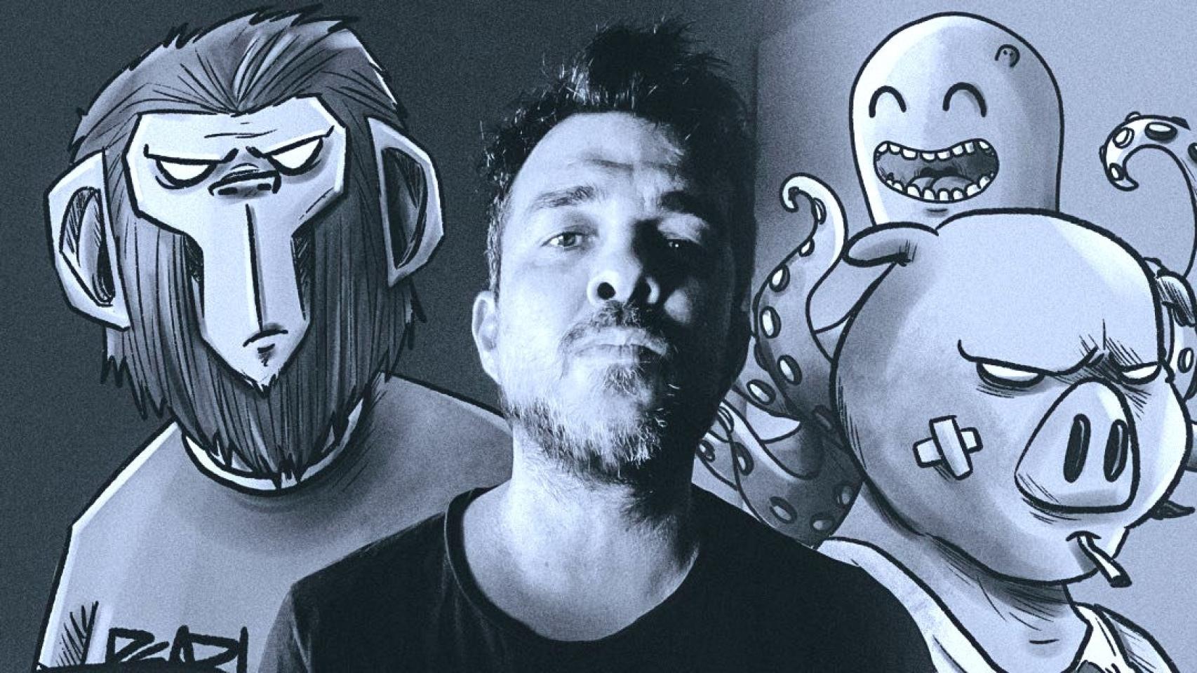 El ilustrador y novelista Fran Ferriz en un montaje con las criaturas que pueblan 'Cosas Terribles 2'.