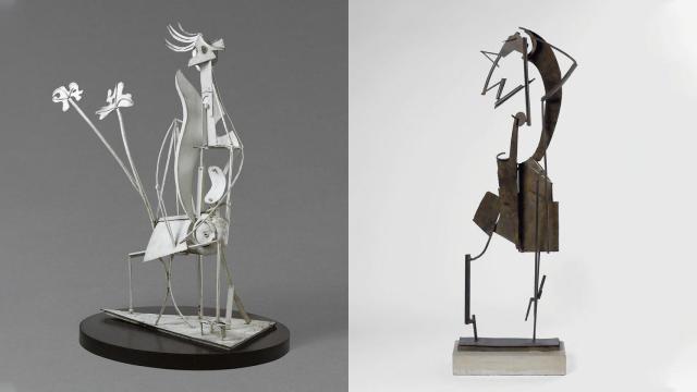 Izquierda, Pablo Picasso: 'La Femme au jardin', 1930. © Sucesión Pablo Picasso. VEGAP, Madrid, 2022. Foto © RMN-Grand Palais. Derecha, Julio González: 'Femme se coiffant I', 1931. © Centre Pompidou, MNAM-CCI, Dist. RMN-Grand Palais / Philippe Migeat