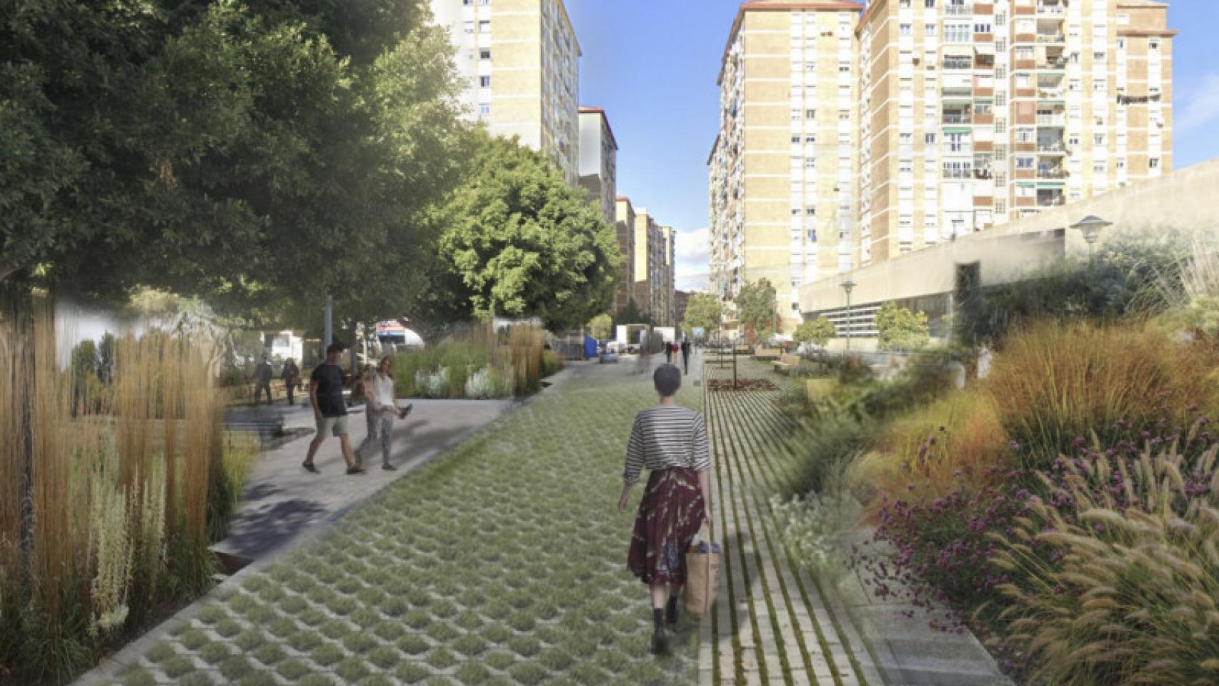 Infografía del efecto de las medidas pensadas por el Ayuntamiento de Málaga sobre una de las calles de la zona de Huelin.
