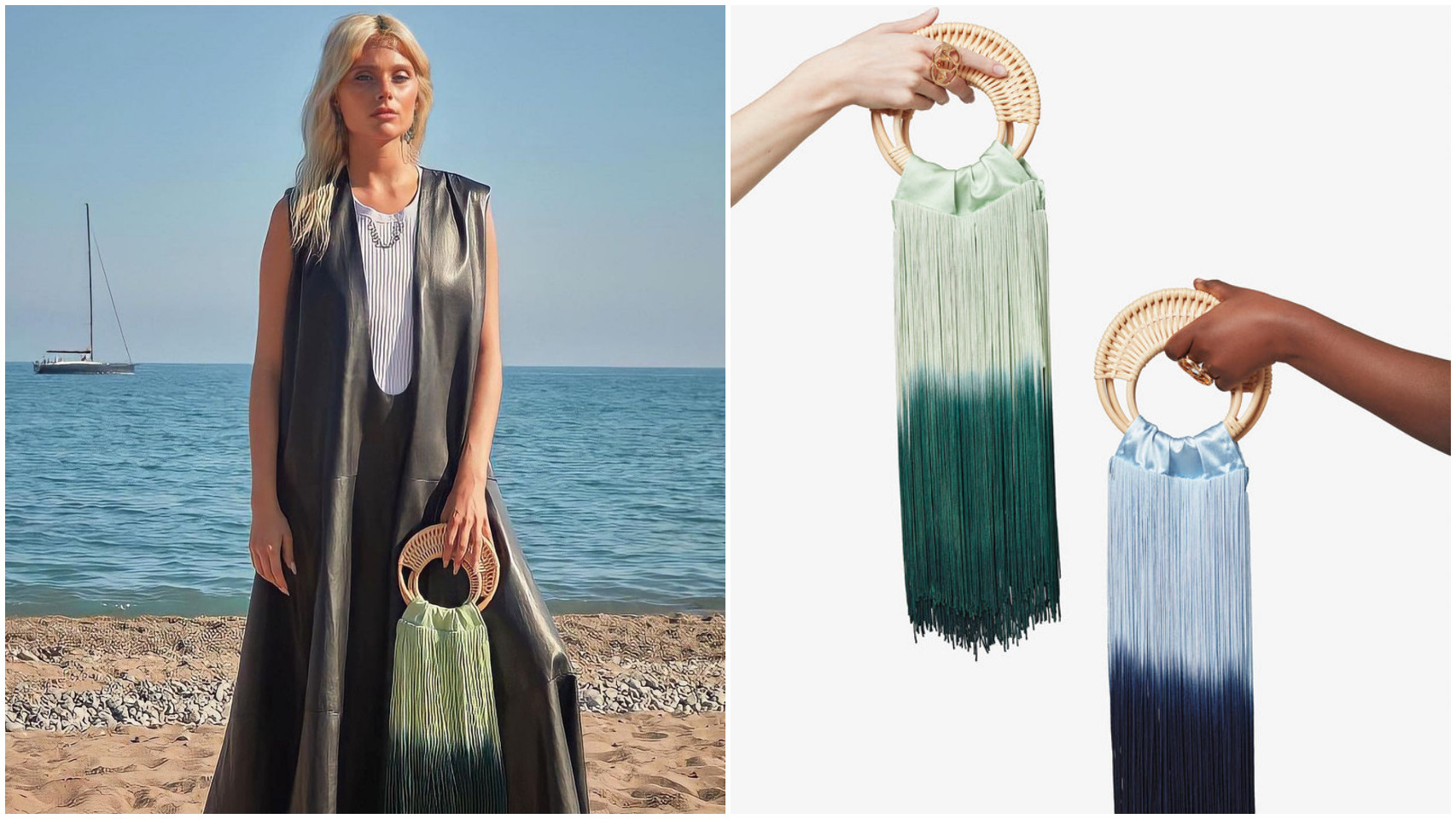 La actriz Valentina Zenere con uno de los bolsos artesanales de Carola Monje.