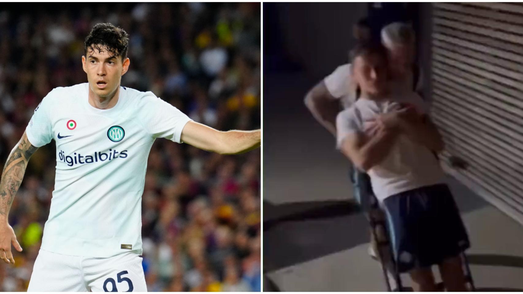 DiMarco lleva a Barella en carretilla mientras Bastoni graba en el Camp Nou