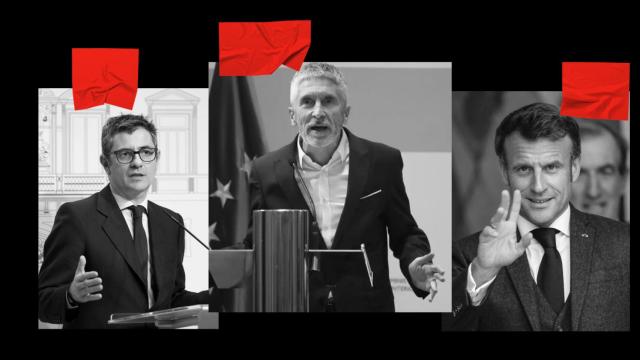 Félix Bolaños, Fernando Grande-Marlaska y Emmanuel Macron.