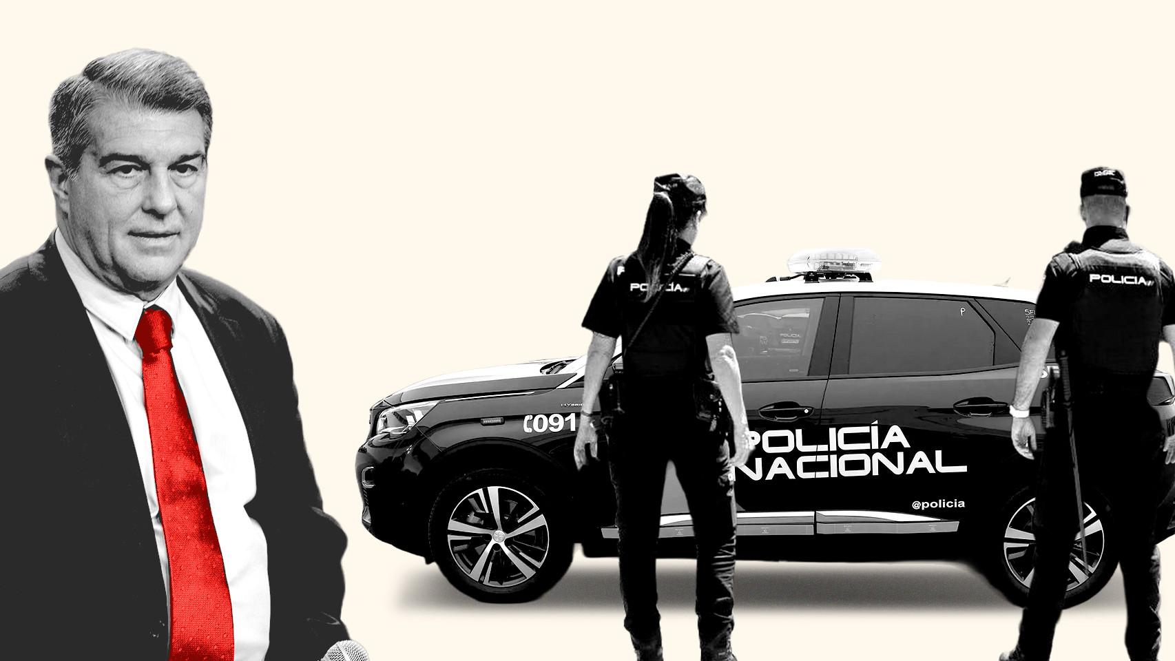 Joan Laporta, en un fotomontaje, junto a agentes de Policía Nacional
