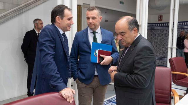 Juan José Liarte y Francisco Carrera, diputados de Vox, junto al portavoz del Partido Popular, Joaquín Segado (c), en la Asamblea Regional de Murcia.