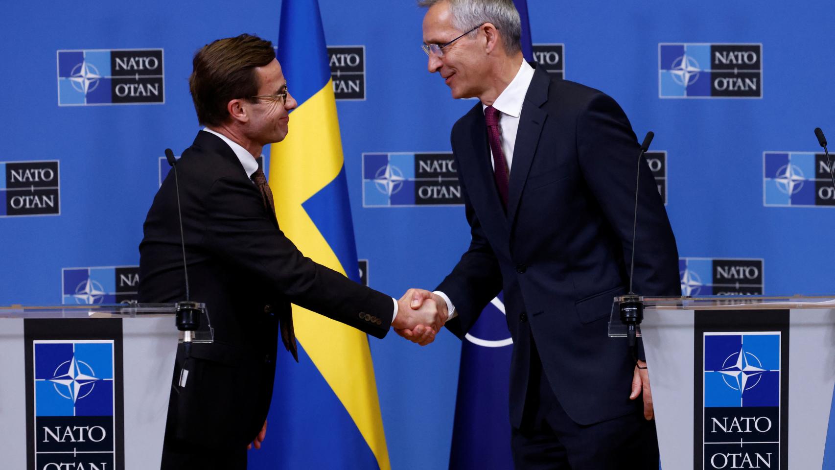 El secretario general de la OTAN, Jens Stoltenberg, durante su reunión este jueves con el nuevo primer ministro sueco, Ulf Kristersson