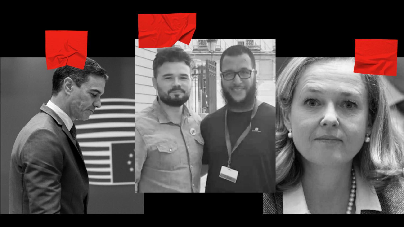 Pedro Sánchez, Rufián con un líder salafista y Nadia Calviño.