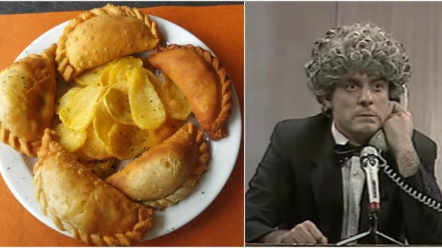 A la izquierda, una ración empanadas comprada en Móstoles y, a la derecha, Millán Salcedo en el sketch de Martes y Trece.