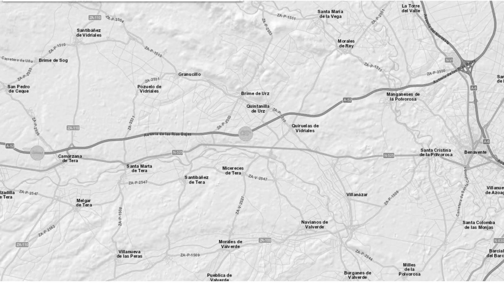 Mapa del tramo a arreglar en la A-52 entre Quiruelas y Camarzana