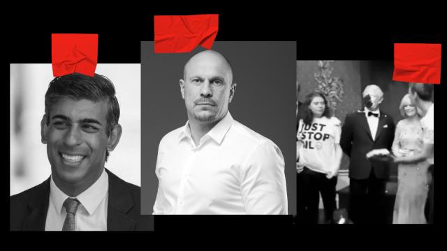 Rishi Sunak, Ilya Kiva y activistas ecologistas.